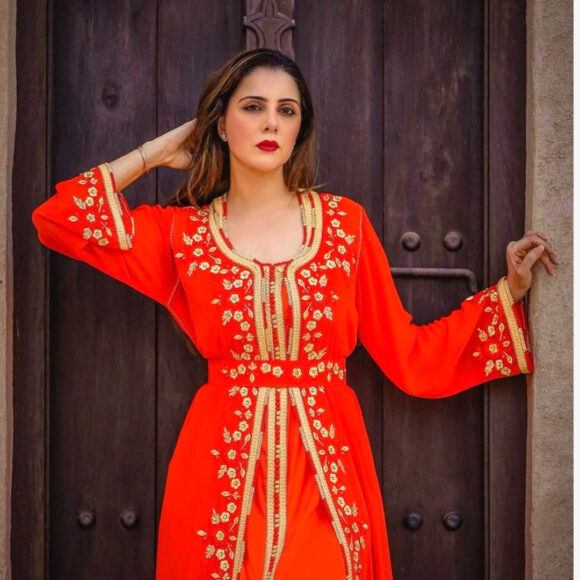 Elegant Hand-Embroidered Orange Kaftan with Gold Detailing