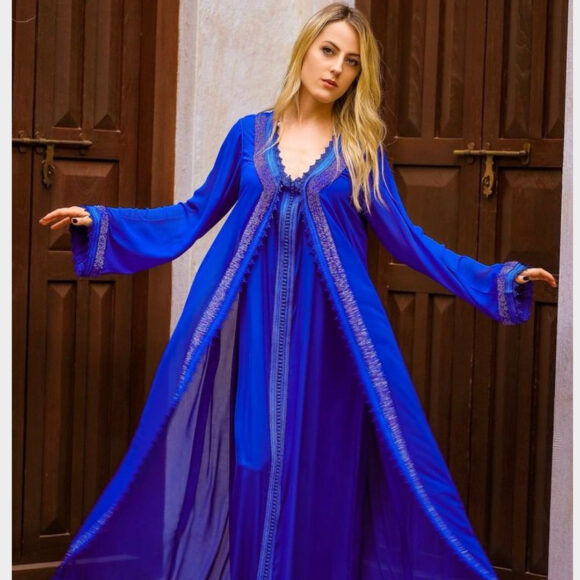 Royal Blue Flowing Kaftan with Delicate Embroidery