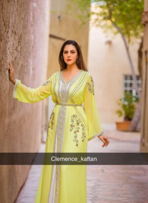 Radiant Elegance – Yellow Floral Moroccan Kaftan