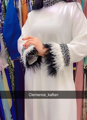 Modern Elegance – White Feathered Kaftan